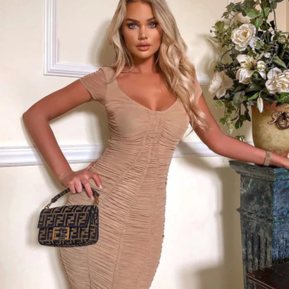 NWT Fashion Nova Simply Ageless Ruched Midi Dress Nude